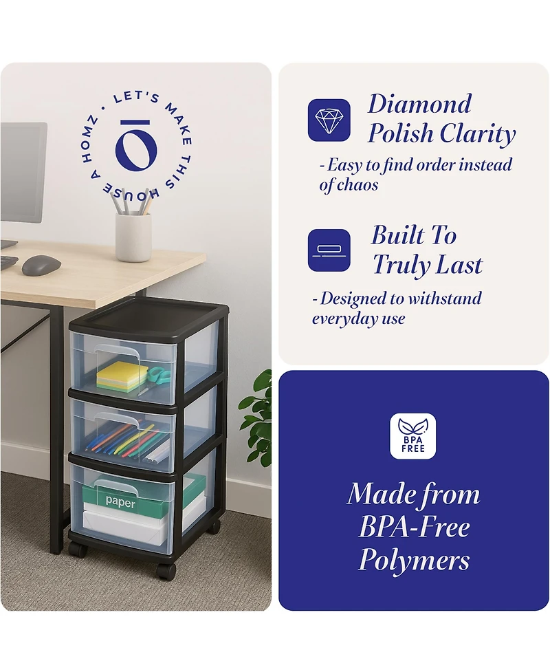 Homz Plastic 3 Drawer Medium Storage Tower, Clear Drawers and Black Frame (2 Pack)