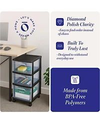 Homz Plastic 3 Drawer Medium Storage Tower, Clear Drawers and Black Frame (2 Pack)
