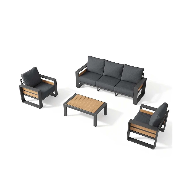 Aoxun Outdoor Patio Conversation Set Durable Aluminum Sofas, Plush Cushions, Wood?Texture Table Weatherproof