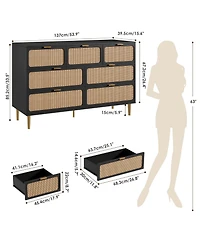 homfan Rattan 5-Drawer Tall Dresser, Wooden Chest with Deep Drawers and Wide Top for Bedroom, Living Room Hallway