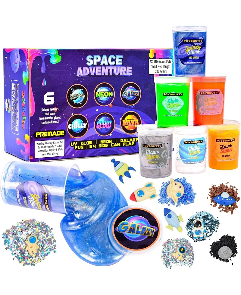 ToysButty Finoclay 6 Pack Different Scented Strechy Metallic Slime with 15 Space Charms and Mixins, Glow Neon and Clear Putty Toy Set for Girls Boys