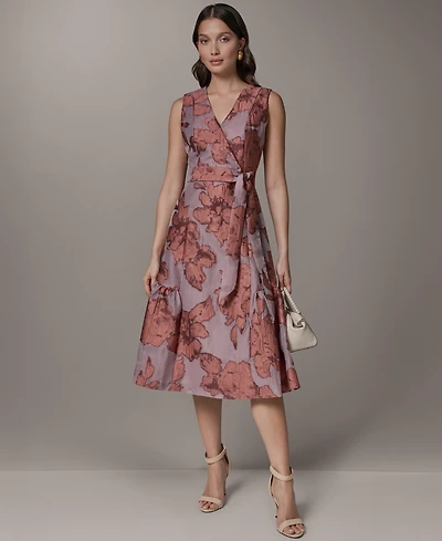 Donna Karan New York Women's Sleeveless Jacquard Faux Wrap V-Neck Floral Midi A-Line Dress
