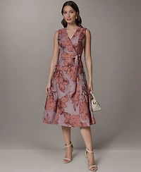 Donna Karan New York Women's Sleeveless Jacquard Faux Wrap V-Neck Floral Midi A-Line Dress