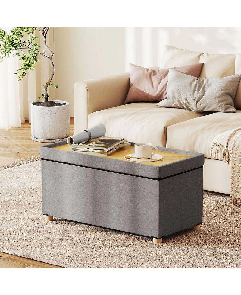 Slickblue Upholstered Ottoman Bench with Tray and Wood Legs Storage