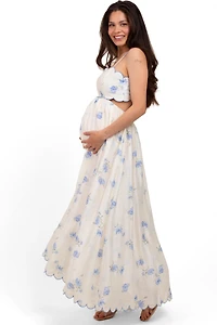 Pinkblush Maternity Blue Floral Scallop Edge Back Cutout Maxi Dress