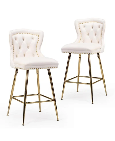 Rainsken Bar Stools Set of 2, Velvet Counter, Button Tufted and Nailheads Trim, with Metal Legs, for Kitchen Island Dining Room Pub