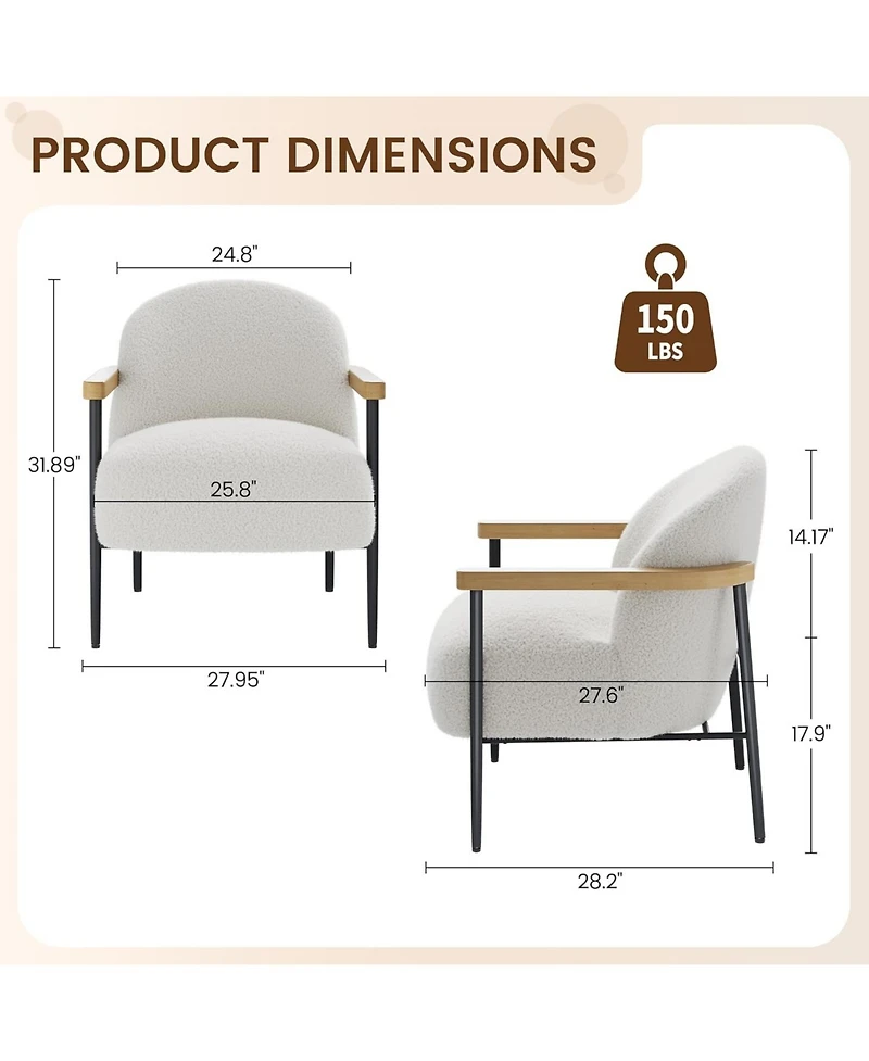gaomon Accent Chair Set of 4 for Living Room, Modern Teddy Fabric Armchair with Metal Frame, Wood Armrests and Adjustable Feet for Living Room