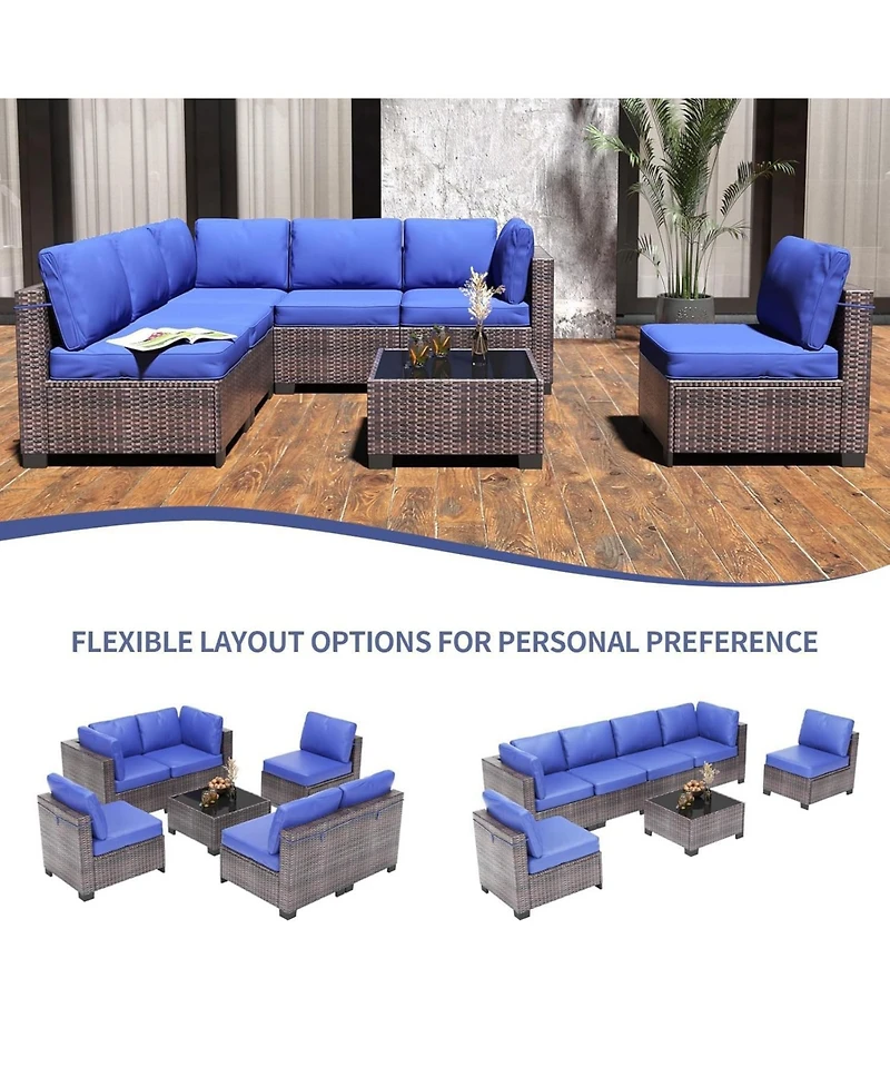GarveeLife 7 Piece Patio Furniture Set, Outdoor Modular Wicker Sectional Couch with Tempered Glass Coffee Table with Washable Cushions