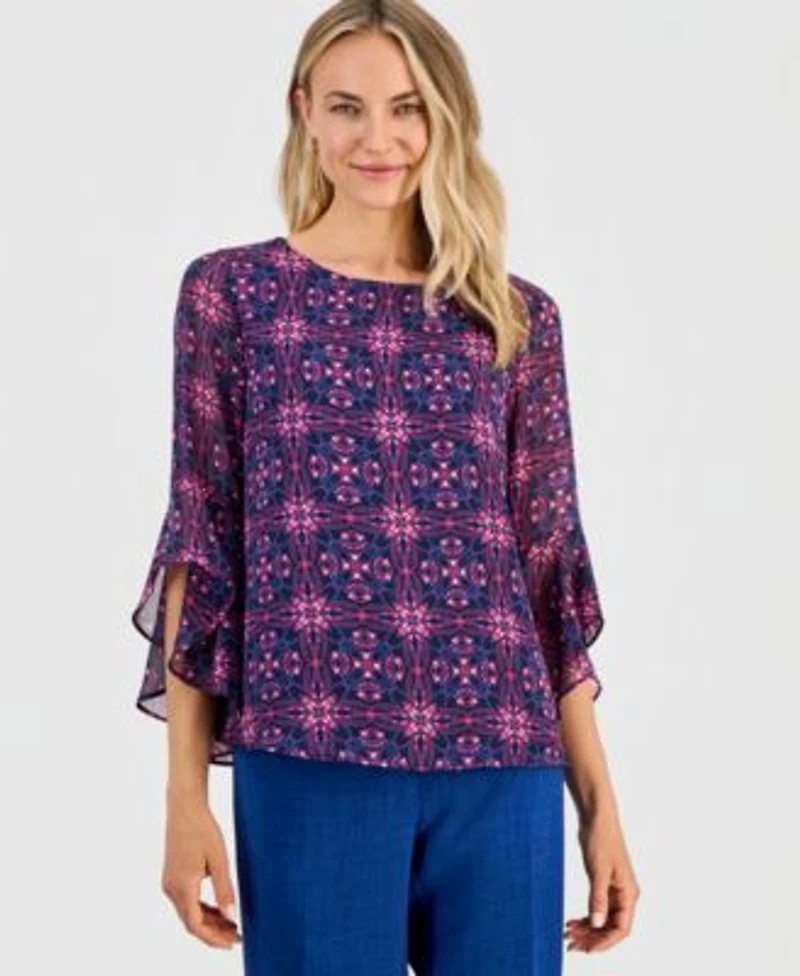 Kasper Womens Printed Boat Neck Ruffle Sleeve Blouse