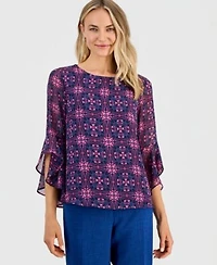 Kasper Womens Printed Boat Neck Ruffle Sleeve Blouse