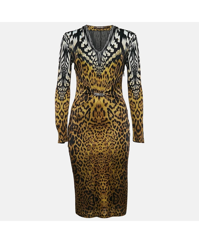 Pre-Owned Roberto Cavalli Women's Leopard Print V-Neck Midi Dress