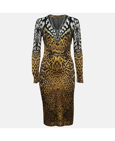Pre-Owned Roberto Cavalli Women's Leopard Print V-Neck Midi Dress
