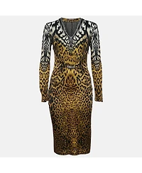 Pre-Owned Roberto Cavalli Women's Leopard Print V-Neck Midi Dress