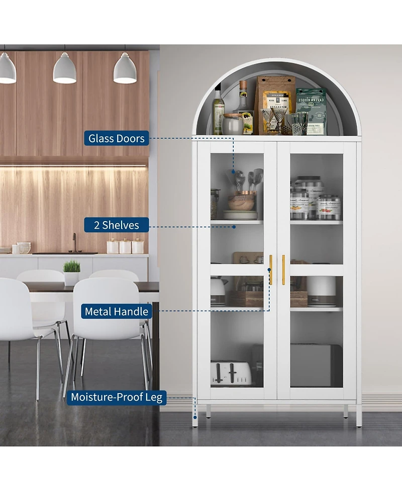 gaomon 73" Modern Arched Metal Storage Cabinet with Glass Doors for Living Room, Pantry Bookshelf, White