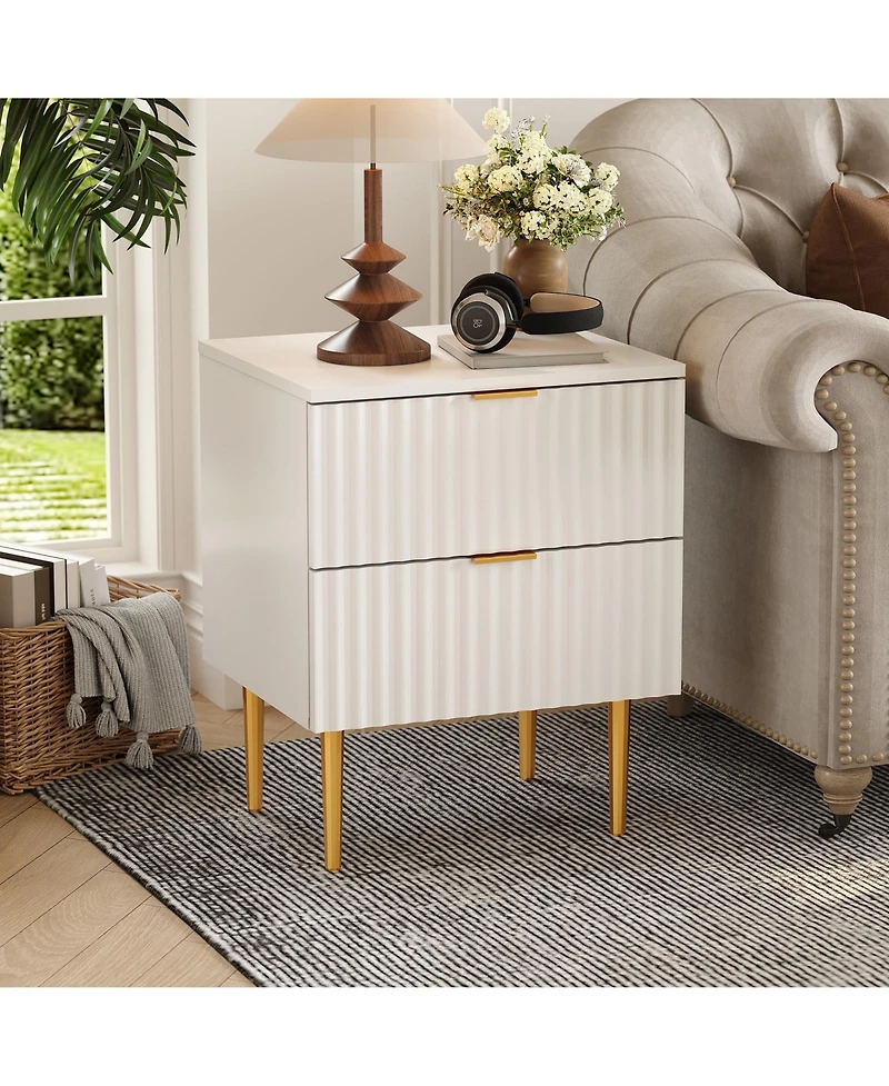 homfan 1Piece/2Piece Modern Fluted Nightstands, Built-in Usb Charging Station and Power Outlets, 2 Drawers, Gold and Wood Accents for Bedroom