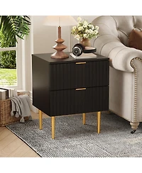 homfan Set of 2 Modern Fluted Nightstands, Built-in Usb Charging Station and Power Outlets, Drawers, Gold Wood Accents for Bedroom, Living Room