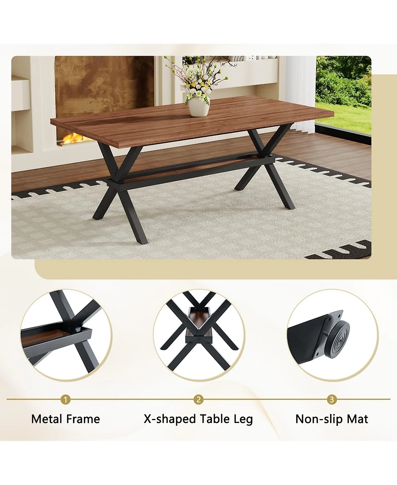 Rainsken 71" 35.4" Dining Table for 6-8 People - Mdf Splicing Desktop, X-Shaped Metal Frame, with Storage Shelves Room