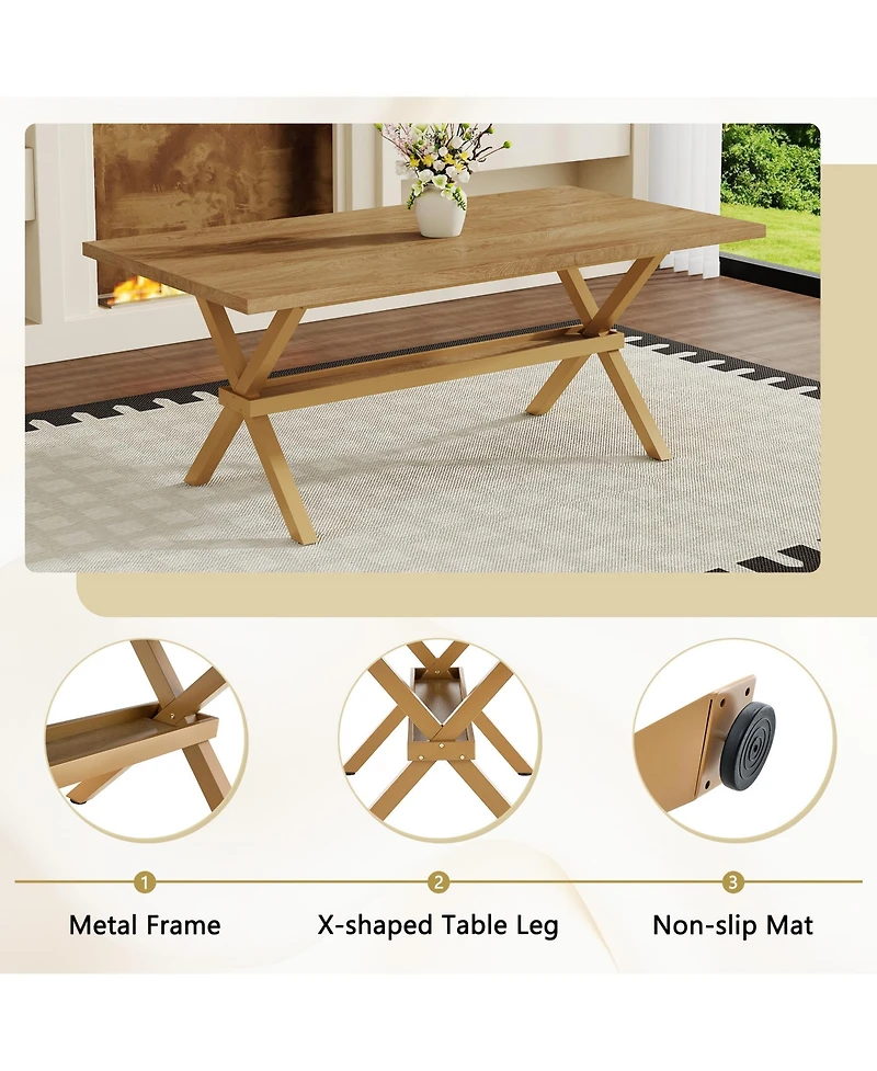 Rainsken 71" 35.4" Dining Table for 6-8 People - Mdf Splicing Desktop, X-Shaped Metal Frame, Dining Table with Storage Shelves for Dining Room