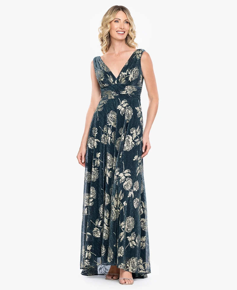 Betsy & Adam Women's Sleeveless V-Neck Metallic Floral Gown