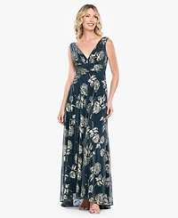 Betsy & Adam Women's Sleeveless V-Neck Metallic Floral Gown