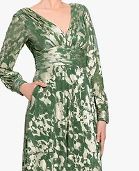 Betsy & Adam Women's Long-Sleeve V-Neck Metallic Floral Gown