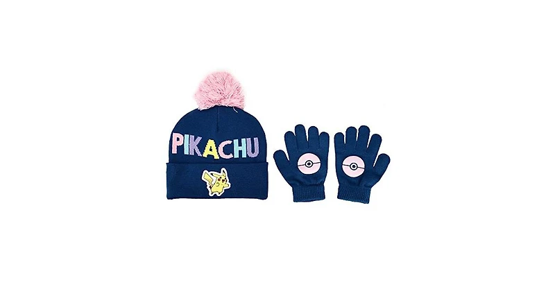 Pokemon Girls Pikachu Navy Knit Cuff Pom Beanie and Glove Set