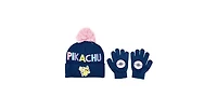Pokemon Girls Pikachu Navy Knit Cuff Pom Beanie and Glove Set