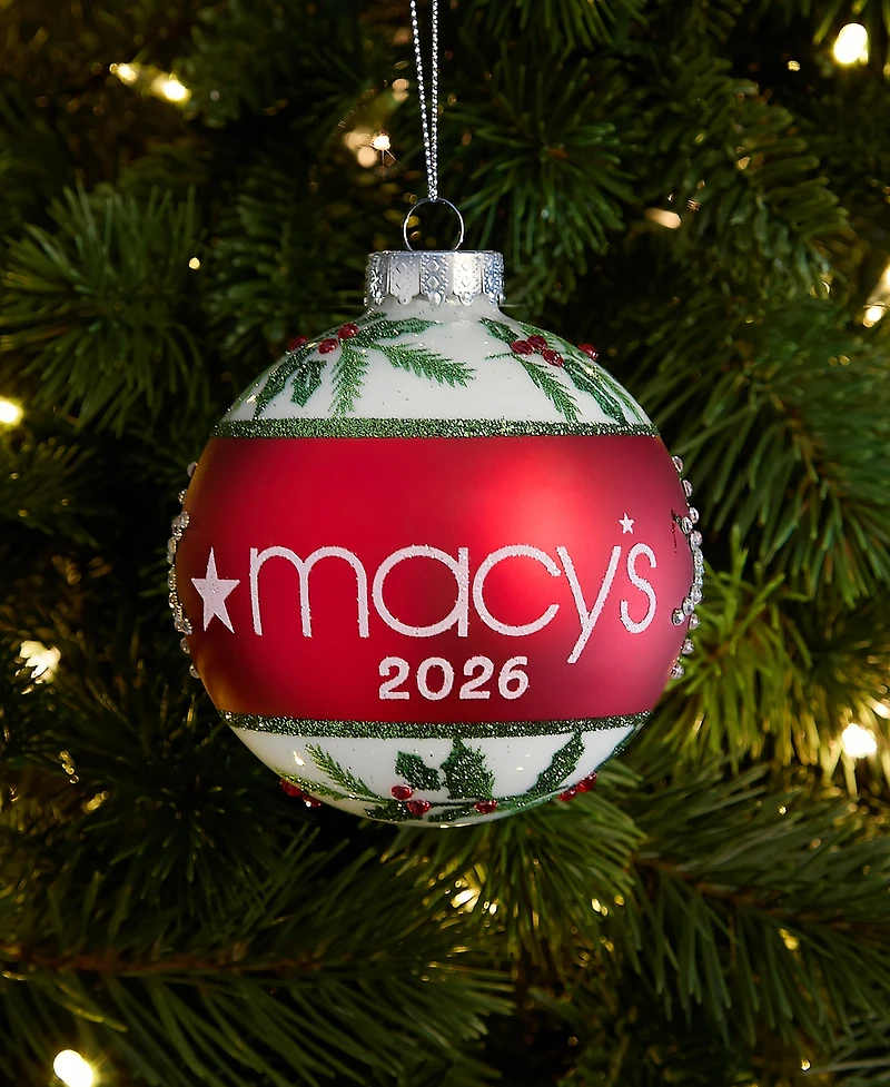 Holiday Lane Macy's 2025 Glass Holly Ball Ornament, Macy's Exclusive