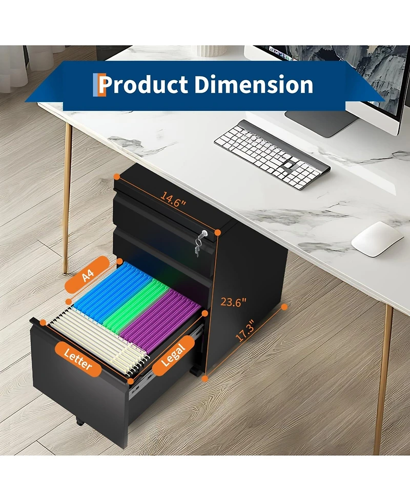 Gaomon Document 3-Drawer Mobile Metal Filing Cabinet with Lock, Document Storage Solution