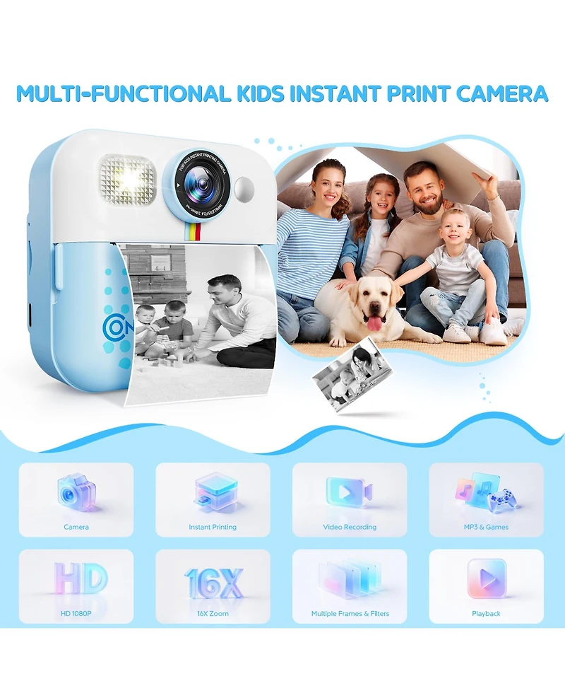 Contixo Kids Instant Print Camera with 3 Rolls of Paper and 32GB Card, 1080P, Ages 3-12, boys girls