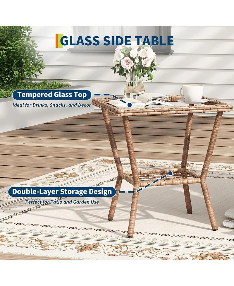 GarveeLife 3 Piece Patio Rocking Chair Set - High Back Rattan Rockers and Tempered Glass Coffee Table