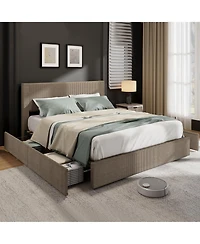 homfan Upholstered Platform Bed Frame with 4 Storage Drawers, Corduroy Channel Tufted Wingback Headboard