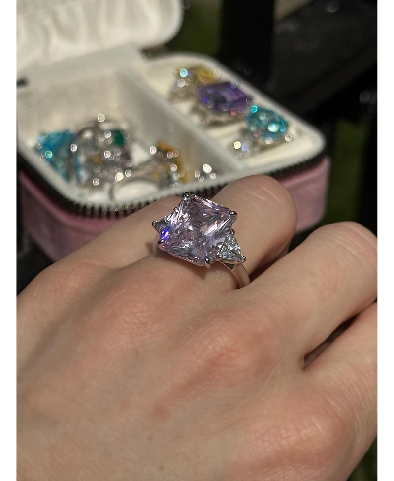 Suzy Levian New York Gala Collection Sterling Silver Large Firework Emerald-Cut Cubic Zirconia Trillion Accent 3-Stone Ring