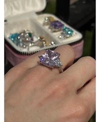 Suzy Levian New York Gala Collection Sterling Silver Large Firework Emerald-Cut Cubic Zirconia Trillion Accent 3-Stone Ring