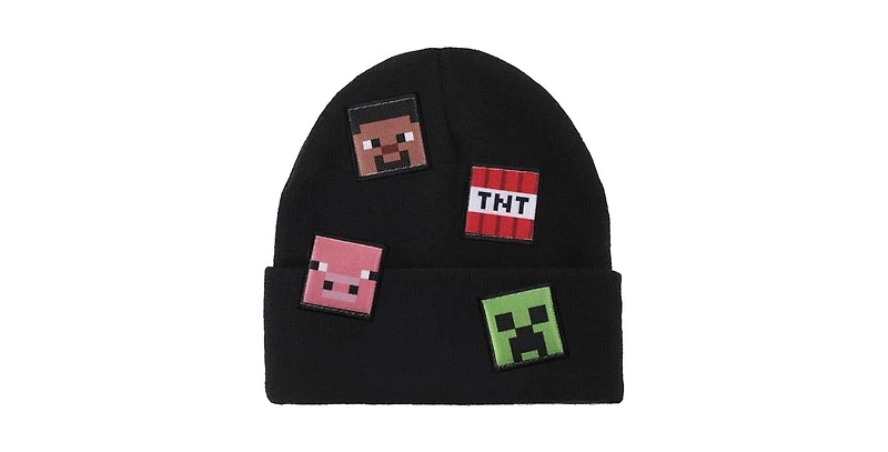 Minecraft Men's Printed Character Patches Black Cuff Beanie