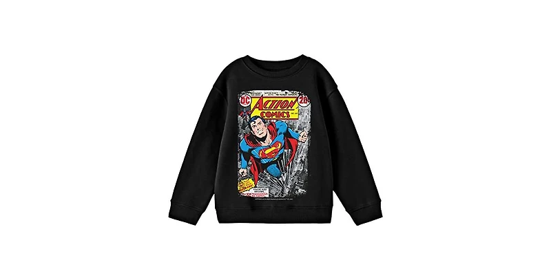 Superman Boys Distressed Action Comics Cover No. 419 Crew Neck Long Sleeve Black Youth Tee