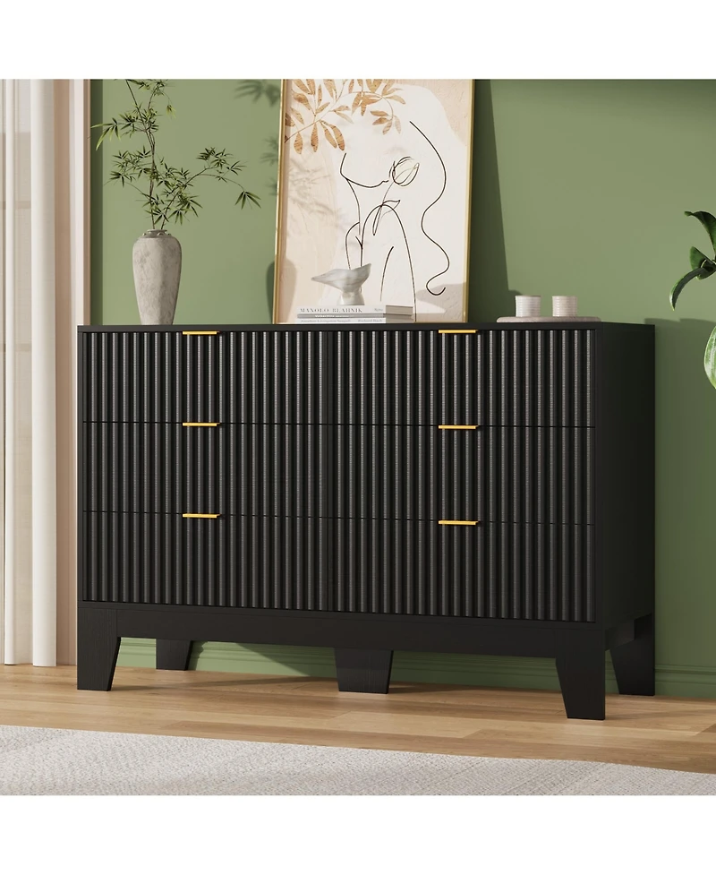 homfan 6 Drawer Dresser for Bedroom, 47" Wide Fluted Chest of Drawers with Metal Handle, Modern Wooden Tv Stand, Clothes Storage Organizer Hallway