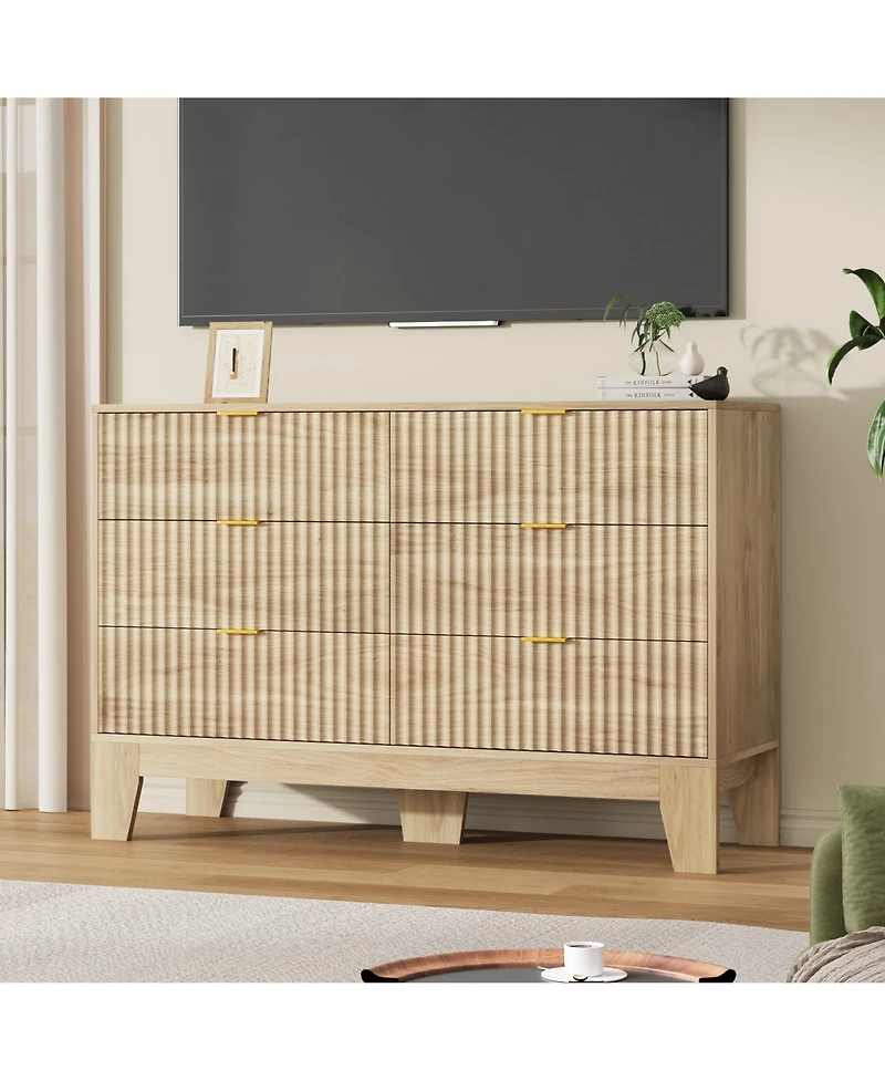 homfan 6 Drawer Dresser for Bedroom, 47" Wide Fluted Chest of Drawers with Metal Handle, Modern Wooden Tv Stand, Clothes Storage Organizer for Hallway