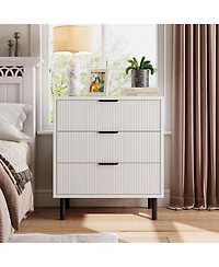 homfan Modern Fluted 3-Drawer Dresser, Wide Wooden Storage Chest with Metal Legs and Anti-Tip Device