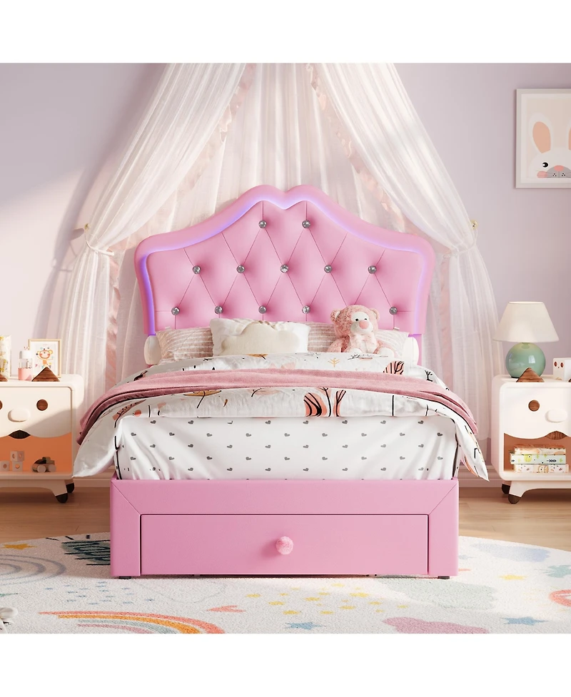 homfan Twin Upholstered Princess Bed Frame with Led Headboard, Storage Drawer, Velvet Finish, No Box Spring Needed