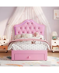 homfan Twin Upholstered Princess Bed Frame with Led Headboard, Storage Drawer, Velvet Finish, No Box Spring Needed