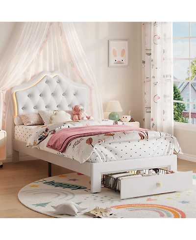 homfan Twin Upholstered Princess Bed Frame with Led Headboard, Storage Drawer, Velvet Finish, No Box Spring Needed