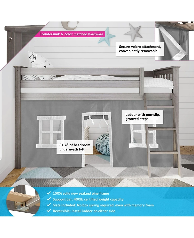 Max & Lily Loft Bed, Low Solid Wood Twin Bunk Beds for Kids with Ladder and Curtain