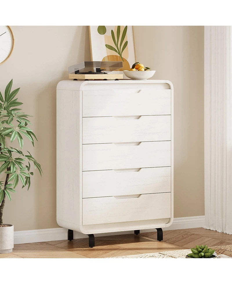 homfan Large Capacity Wooden Dresser with 5 Drawers, Tall Storage Chest, Modern Minimalist Cabinet for Bedroom, Living Room and Hallway