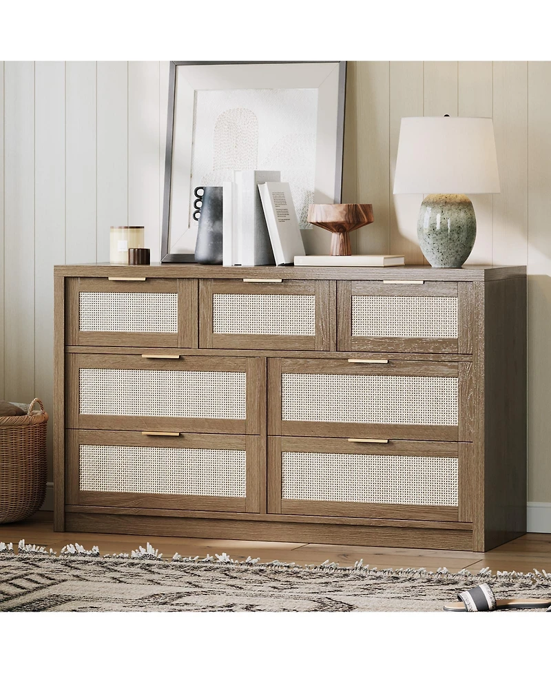 homfan Wide Boho Rattan Dresser with 7 Drawers, Modern Storage Chest Featuring Metal Handles, Wooden Cabinet and Tv Stand Ideal for Bedroom