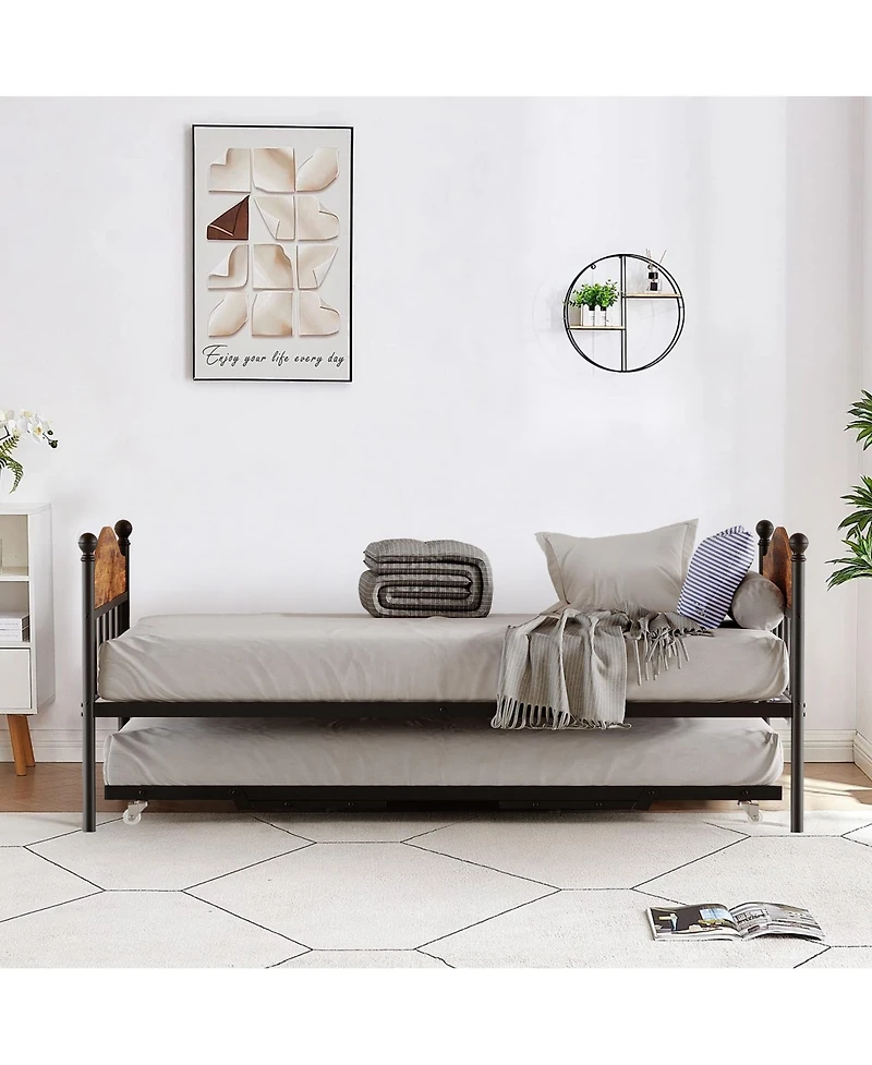 homfan Metal Daybed with Headboard, Sofa Bed Frame with Steel Slats and Optional Pop-Up Trundle for Bedroom or Living Room