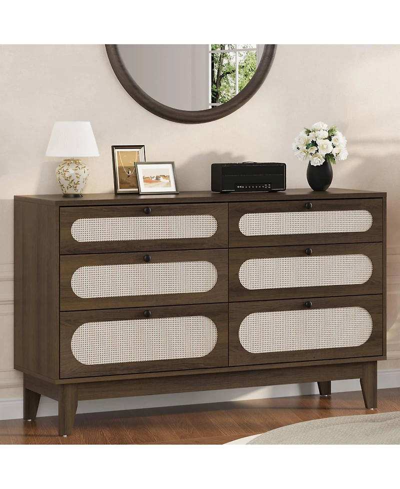 homfan Modern Farmhouse 6-Drawer Rattan Cabinet, Wooden Dresser with Charging Ports, Metal Handles and Anti-Tip Design