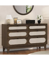 homfan Modern Farmhouse 6-Drawer Rattan Cabinet, Wooden Dresser with Charging Ports, Metal Handles and Anti-Tip Design