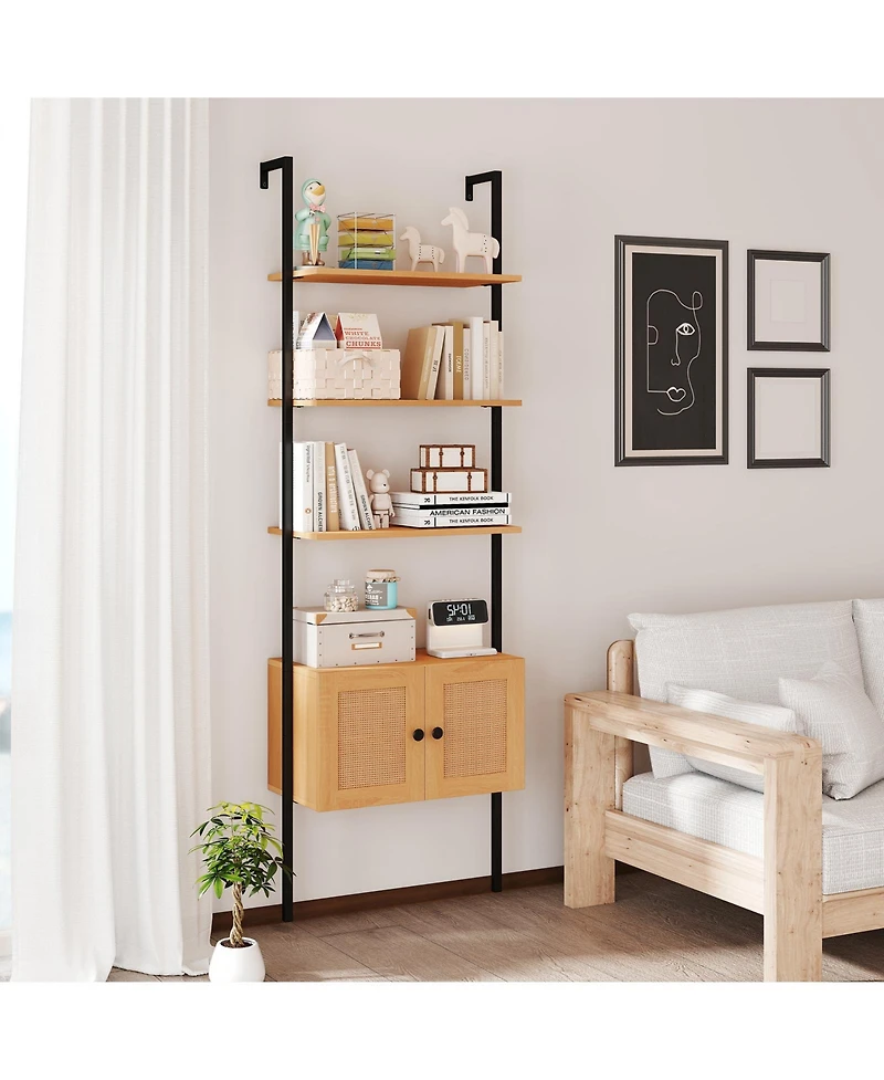Gymax 2 pieces Wall-Mounted Ladder Shelf 5-tier Bookshelf with Rattan-Door Cabinet Display Rack