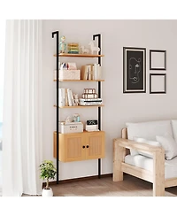 Gymax 2 pieces Wall-Mounted Ladder Shelf 5-tier Bookshelf with Rattan-Door Cabinet Display Rack